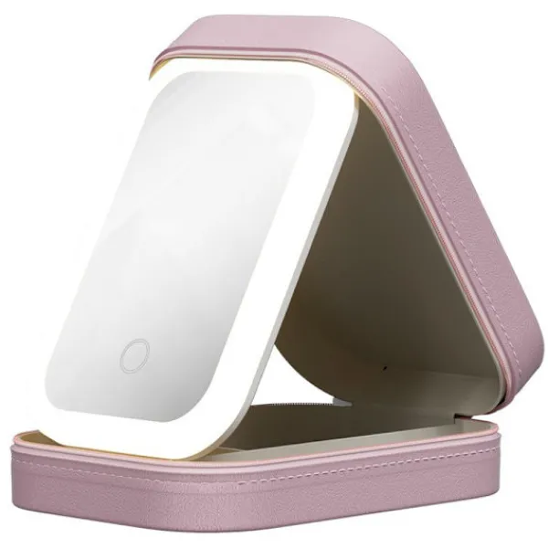 Sminkbord>Sminkbord med spegel och justerbar LED-belysning i tre färger, LED-sminkspegel, kosmetisk förvaringslåda, högkvalitativ smyckeskrin, rosa Y