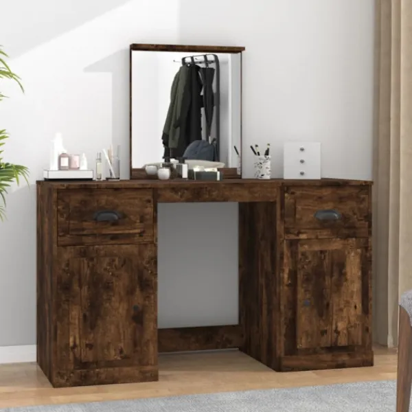 vidaXL Sminkbord>Sminkbord med spegel rökfärgad ek 130x50x132,5 cm