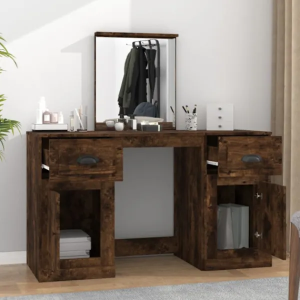 vidaXL Sminkbord>Sminkbord med spegel rökfärgad ek 130x50x132,5 cm