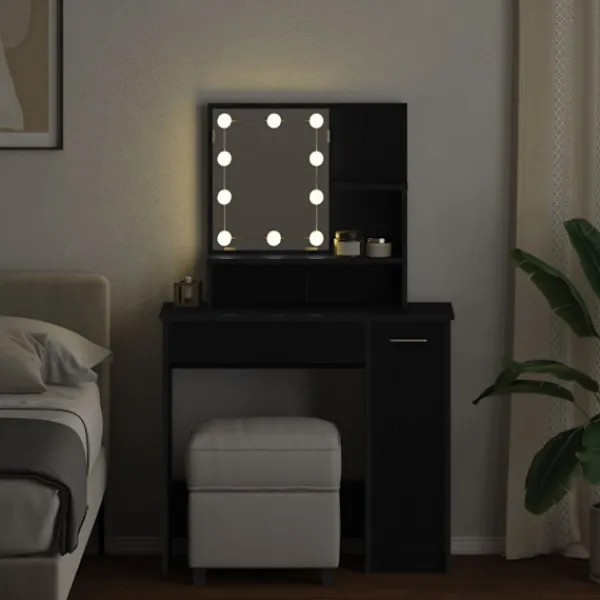 vidaXL Sminkbord>Smyckebord med låda Svart Ek 86,5 x 35 x 136 cm Konstruerat trä