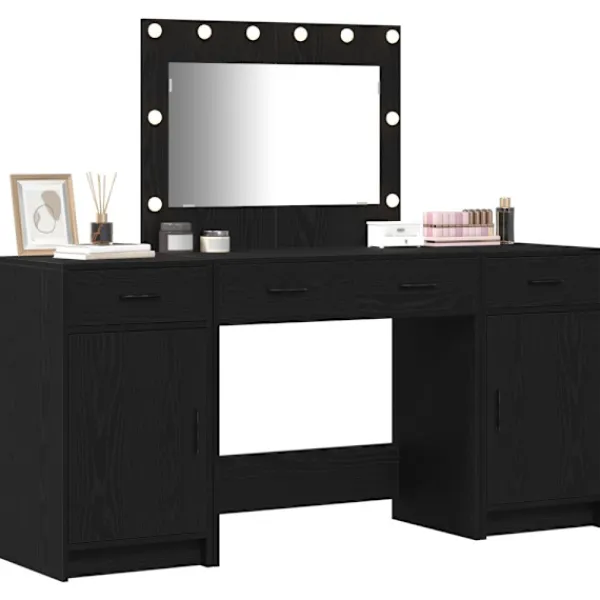 vidaXL Sminkbord>Smyckebord med spegelbelysning 3 pcs Svart Konstruerat trä
