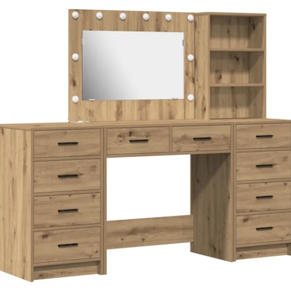 vidaXL Sminkbord>Smyckebord med spegelbelysning 3 pcs Artisan Ek Konstruerat trä