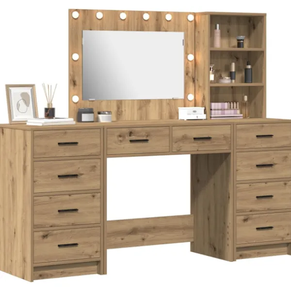 vidaXL Sminkbord>Smyckebord med spegelbelysning 3 pcs Artisan Ek Konstruerat trä