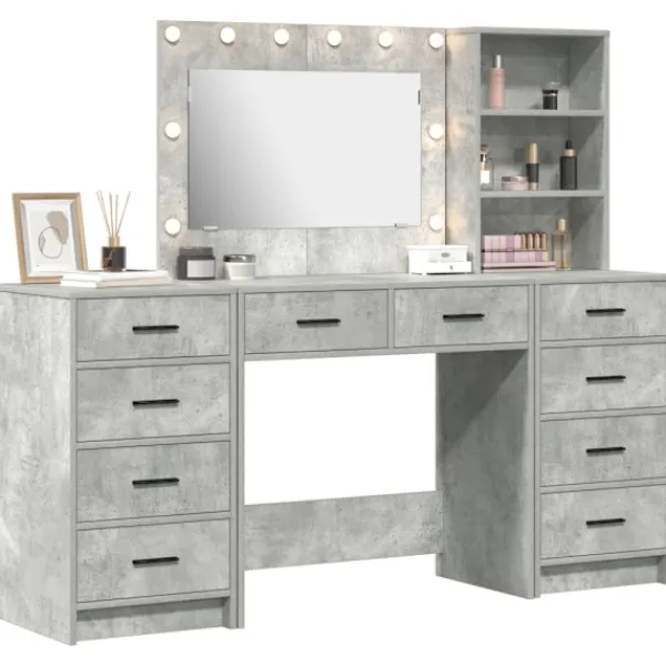 vidaXL Sminkbord>Smyckebord med spegelbelysning 3 pcs Betonggrå Konstruerat trä