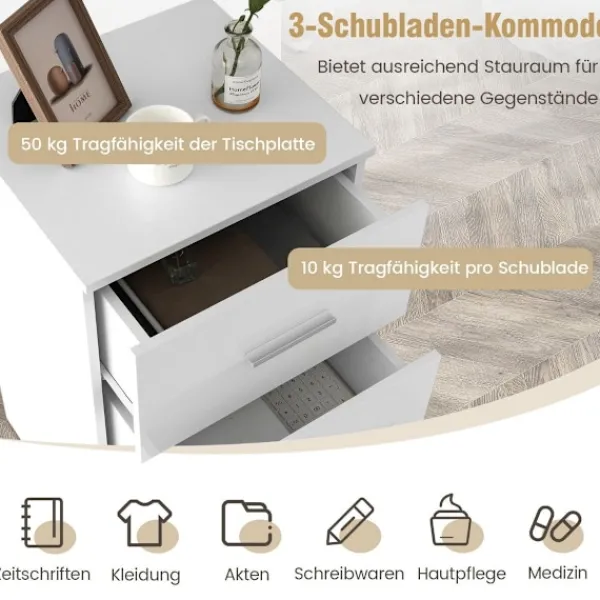 Northix Byråer>Sängbord med 3 lådor högblankt nattduksbord 37,1 x 34,2 x 66,5 cm vit