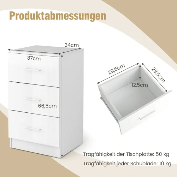 Northix Byråer>Sängbord med 3 lådor högblankt nattduksbord 37,1 x 34,2 x 66,5 cm vit