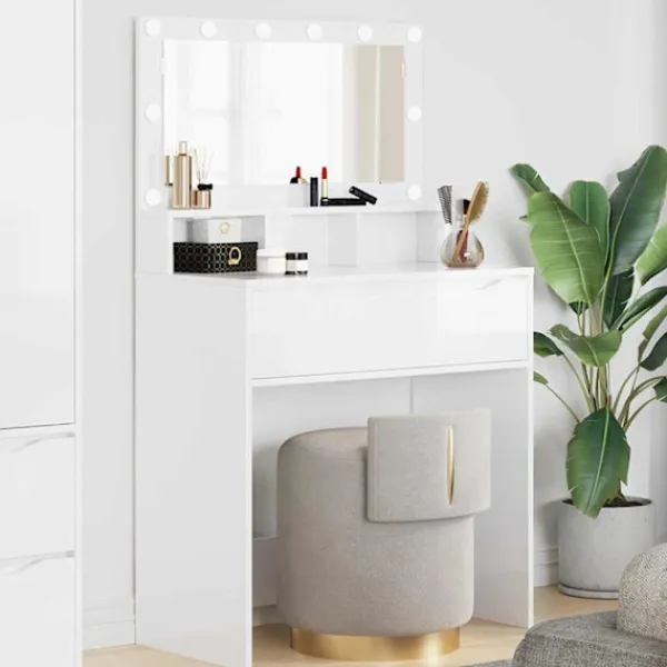 vidaXL Sminkbord>Sängrum Smyckesbord med låda Högblanka vita 80 x 39,6 x 135 cm