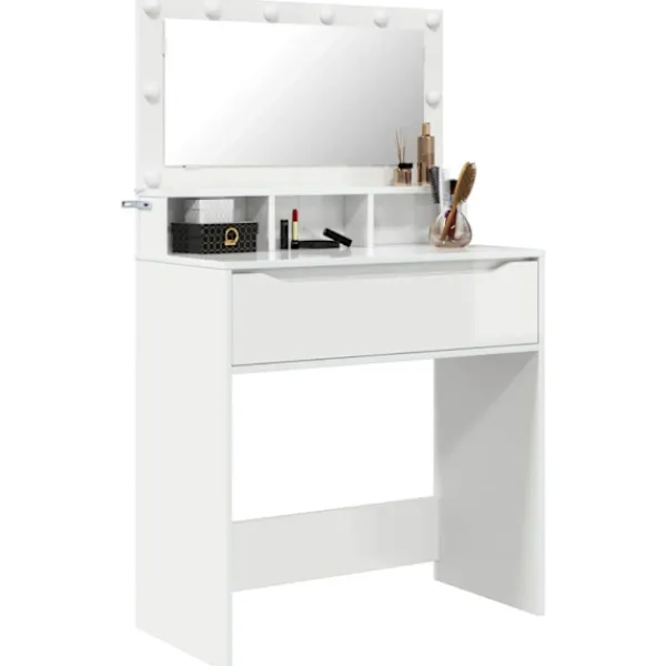 vidaXL Sminkbord>Sängrum Smyckesbord med låda Högblanka vita 80 x 39,6 x 135 cm