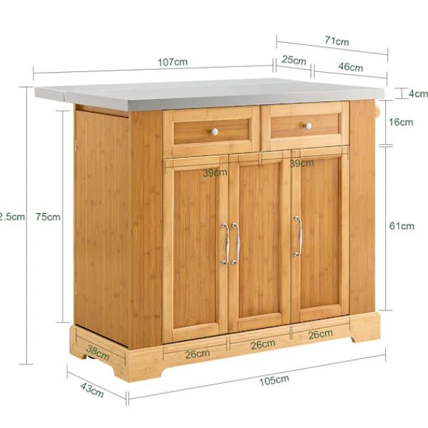 SoBuy Köksö>Köksö med 2 lådor i träfärg 107x71x92.5cm, funktionell FKW130-N