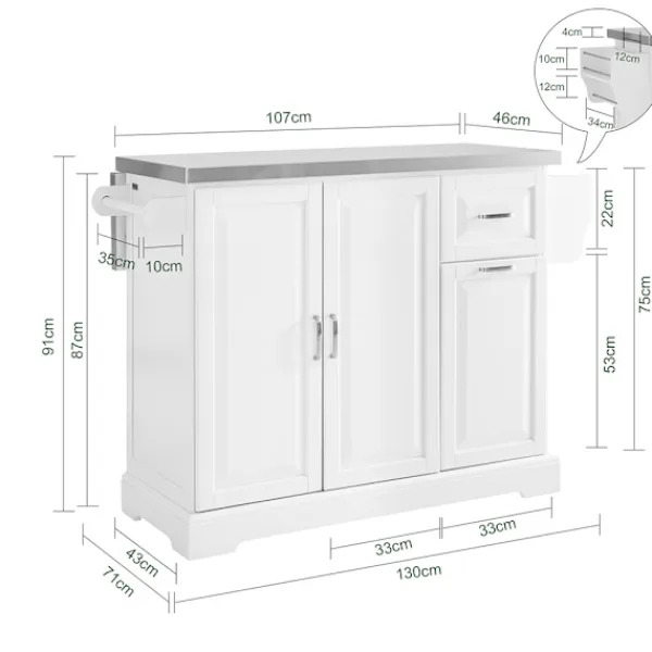 SoBuy Köksö>Köksö med 2 lådor i vit 129x71x91cm, modern FKW128-ST