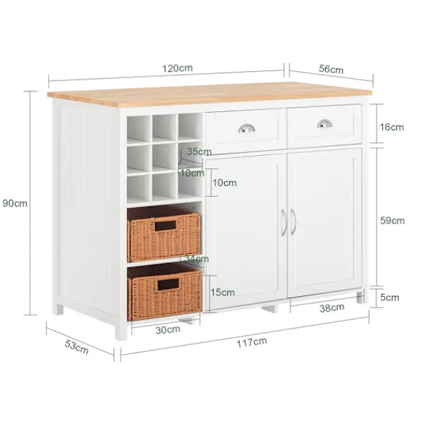 SoBuy Köksö>vit köksö med 2 korgar och 1 barbord 120x60x90cm, modern KNL05-W