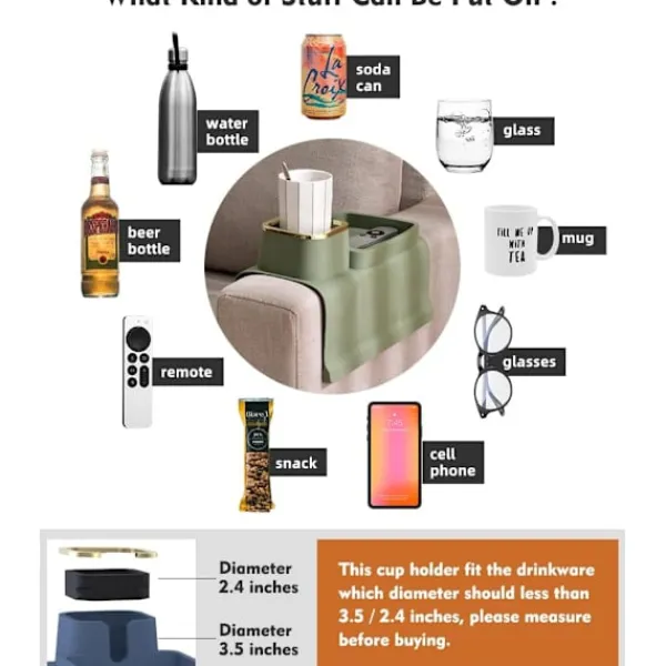 Soffbord>Soffa Mugghållare Bricka, Silikon Anti-Spill och Anti-Slip Soffa Dryckeshållare, Stark och Viktad Telefon/Fjärrkontroll/Snacks Soffa Mugghållare