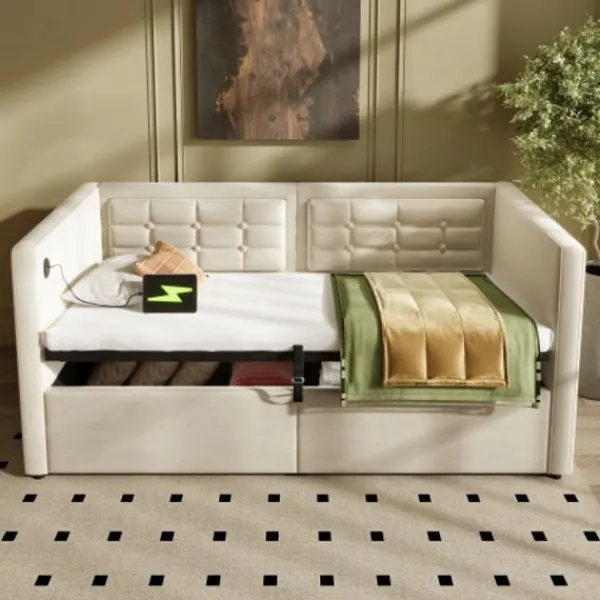 Soffor>Soffa säng 90x200 cm - klädd säng med förvaring & USB/Type-C - säng med träribbor - sammetsöverdrag - Utan madrass - platsbesparande & modern | Fyndiq