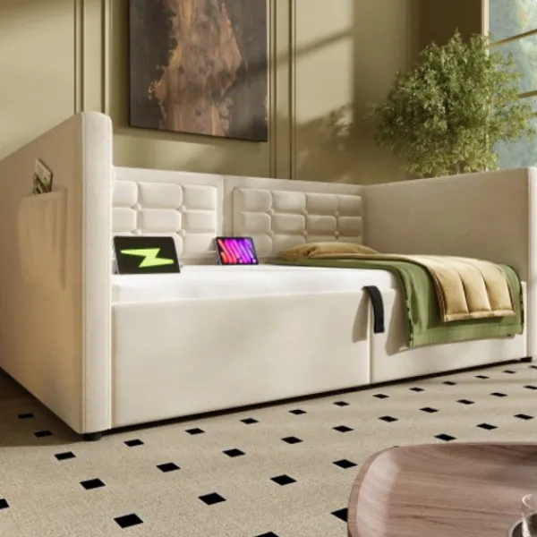 Soffor>Soffa säng 90x200 cm - klädd säng med förvaring & USB/Type-C - säng med träribbor - sammetsöverdrag - Utan madrass - platsbesparande & modern | Fyndiq