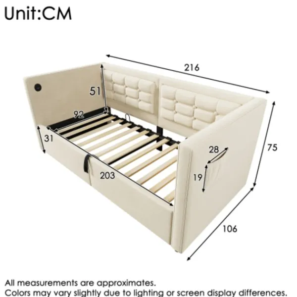 Soffor>Soffa säng 90x200 cm - klädd säng med förvaring & USB/Type-C - säng med träribbor - sammetsöverdrag - Utan madrass - platsbesparande & modern | Fyndiq