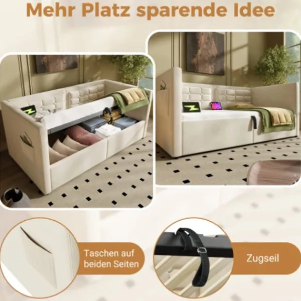 Soffor>Soffa säng 90x200 cm - klädd säng med förvaring & USB/Type-C - säng med träribbor - sammetsöverdrag - Utan madrass - platsbesparande & modern | Fyndiq