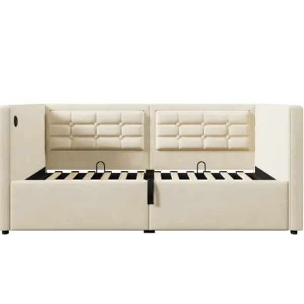 Soffor>Soffa säng 90x200 cm - klädd säng med förvaring & USB/Type-C - säng med träribbor - sammetsöverdrag - Utan madrass - platsbesparande & modern | Fyndiq