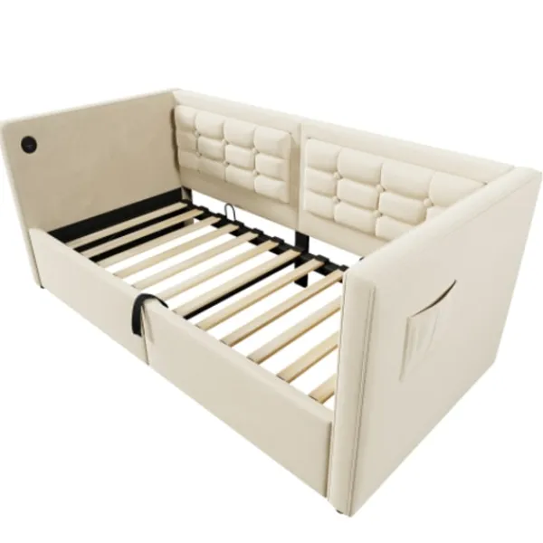 Soffor>Soffa säng 90x200 cm - klädd säng med förvaring & USB/Type-C - säng med träribbor - sammetsöverdrag - Utan madrass - platsbesparande & modern | Fyndiq