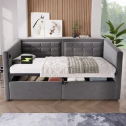 Sängar>Soffa 90x200 cm med förvaring & laddstation – hydraulisk mekanism & USB/Type-C-anslutningar