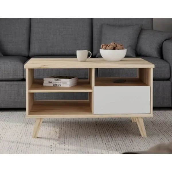 AUCUNE Soffbord>Soffbord - VANKKA - Rektangulärt - Ek / Mattvit - Träben - 90 x 60 x 51,8 cm