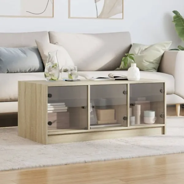 vidaXL Soffbord>Soffbord med glasdörrar sonoma-ek 102x50x42 cm