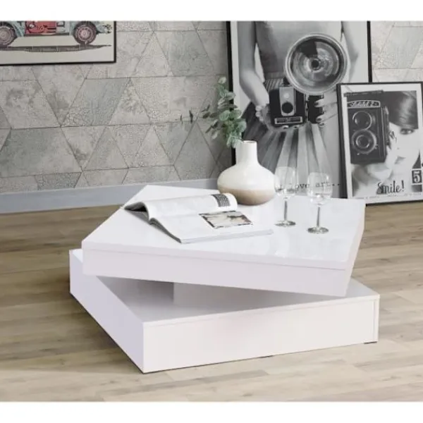 FORTE Soffbord>Soffbord med roterande skiva - Fyrkantig blank vit - 78 x 78 x 36 cm - KAFFE