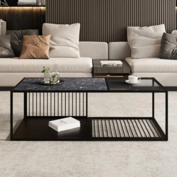 Soffbord>soffbord, smidesjärnssoffbord med glas, stort förvaringsutrymme