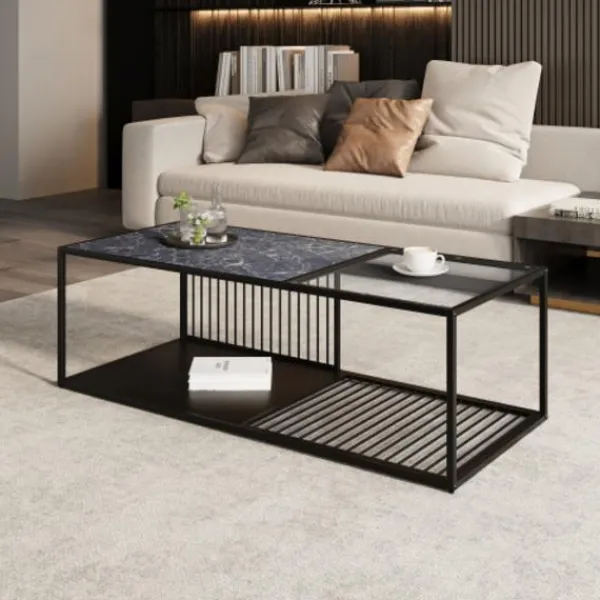 Soffbord>soffbord, smidesjärnssoffbord med glas, stort förvaringsutrymme