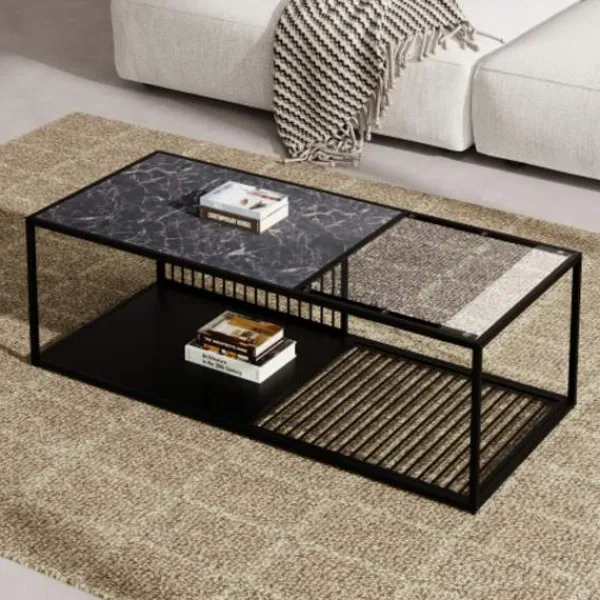 Soffbord>soffbord, smidesjärnssoffbord med glas, stort förvaringsutrymme