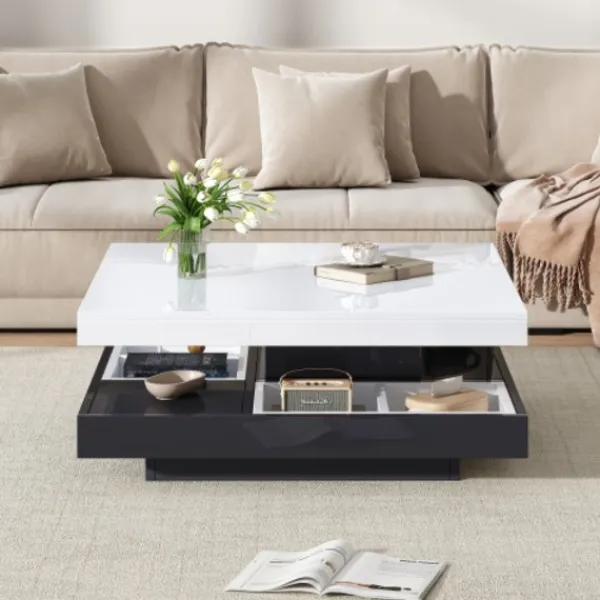 Soffbord>Soffbord 70x70x36cm med 360° roterande topp, 2-vånings funktionellt vardagsrumsbord, högblank vit & svart
