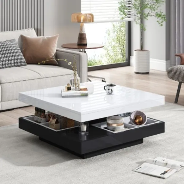 Soffbord>Soffbord 70x70x36cm med 360° roterande topp, 2-vånings funktionellt vardagsrumsbord, högblank vit & svart