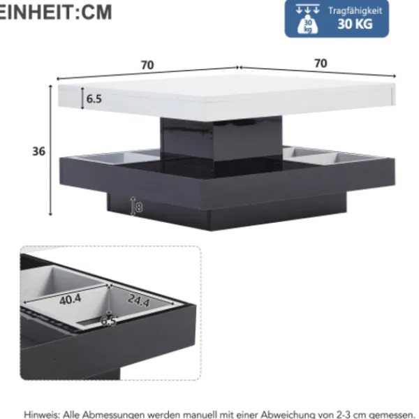 Soffbord>Soffbord 70x70x36cm med 360° roterande topp, 2-vånings funktionellt vardagsrumsbord, högblank vit & svart