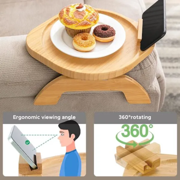 Småbord>Soffbricka med roterande mobiltelefonhållare Bambuträ hopfällbar A