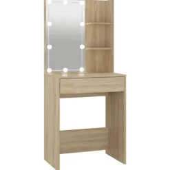 vidaXL Sminkbord>Spegelskåp med LED sonoma-ek 60x40x140 cm