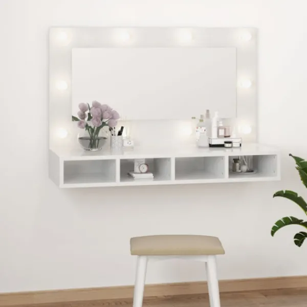 vidaXL Sminkbord>Spegelskåp med LED vit högglans 90x31,5x62 cm