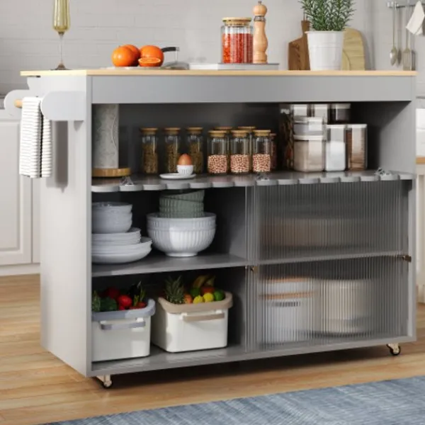 Köksö>Stor hopfällbar köksö vagn (122x46x91cm) med ekbänkskiva, glasskjutdörrar & justerbara hyllor – inkl. Handdukshållare