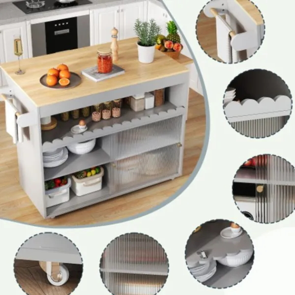 Köksö>Stor hopfällbar köksö vagn (122x46x91cm) med ekbänkskiva, glasskjutdörrar & justerbara hyllor – inkl. Handdukshållare