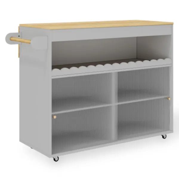 Köksö>Stor hopfällbar köksö vagn (122x46x91cm) med ekbänkskiva, glasskjutdörrar & justerbara hyllor – inkl. Handdukshållare