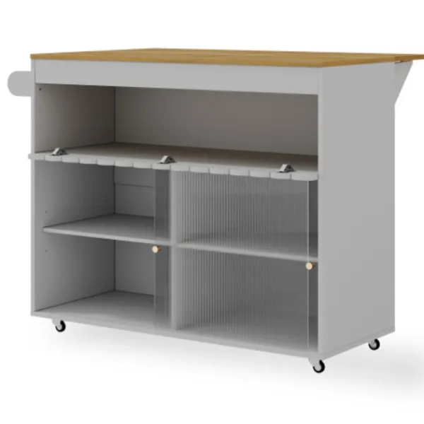 Köksö>Stor hopfällbar köksö vagn (122x46x91cm) med ekbänkskiva, glasskjutdörrar & justerbara hyllor – inkl. Handdukshållare