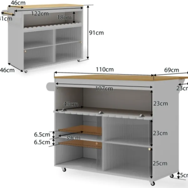 Köksö>Stor hopfällbar köksö vagn (122x46x91cm) med ekbänkskiva, glasskjutdörrar & justerbara hyllor – inkl. Handdukshållare