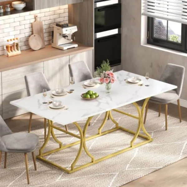 Matbord>Stort matbord 200x80cm, för upp till 10 personer, vattenresistent marmorlook med reptålig yta, guldfärgade metallben