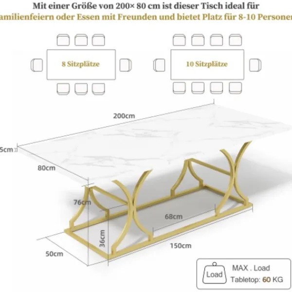 Matbord>Stort matbord 200x80cm, för upp till 10 personer, vattenresistent marmorlook med reptålig yta, guldfärgade metallben