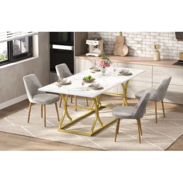 Matbord>Stort matbord 200x80cm, för upp till 10 personer, vattenresistent marmorlook med reptålig yta, guldfärgade metallben