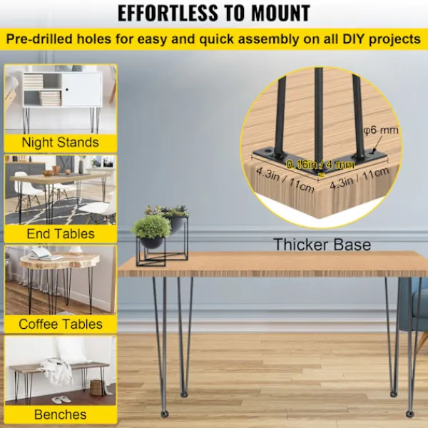 Kontorsmöbler>SucceBuy 16" Hårnålsbordsben, Set om 4, Kraftiga, DIY Skrivbord, 3 Skenor Svart
