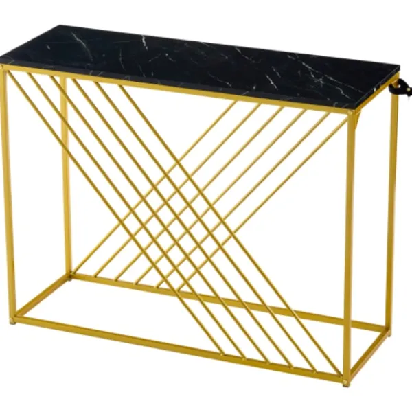 Sideboards>Svart vintage konsolbord med gyllene bas (100x35x77cm) – Högglans MDF för hall, entré & vardagsrum