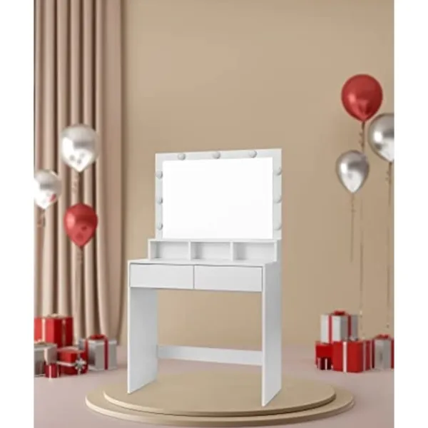 Pavil Sminkbord>Toalettbord Vanity Table med 9 Led -glödlampor Och Spegel Justerbar Ljusstyrka 2 Lådor Och 3 Öppna Facklådor Moderna Vita