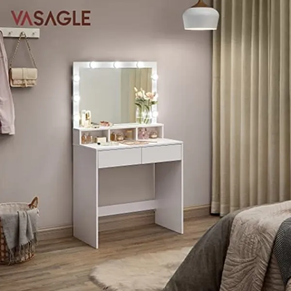 Pavil Sminkbord>Toalettbord Vanity Table med 9 Led -glödlampor Och Spegel Justerbar Ljusstyrka 2 Lådor Och 3 Öppna Facklådor Moderna Vita