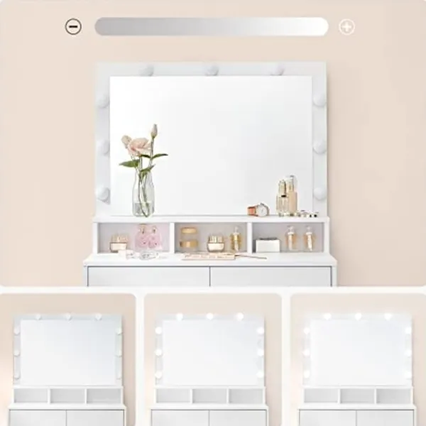 Pavil Sminkbord>Toalettbord Vanity Table med 9 Led -glödlampor Och Spegel Justerbar Ljusstyrka 2 Lådor Och 3 Öppna Facklådor Moderna Vita