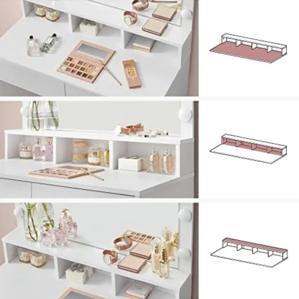 Pavil Sminkbord>Toalettbord Vanity Table med 9 Led -glödlampor Och Spegel Justerbar Ljusstyrka 2 Lådor Och 3 Öppna Facklådor Moderna Vita