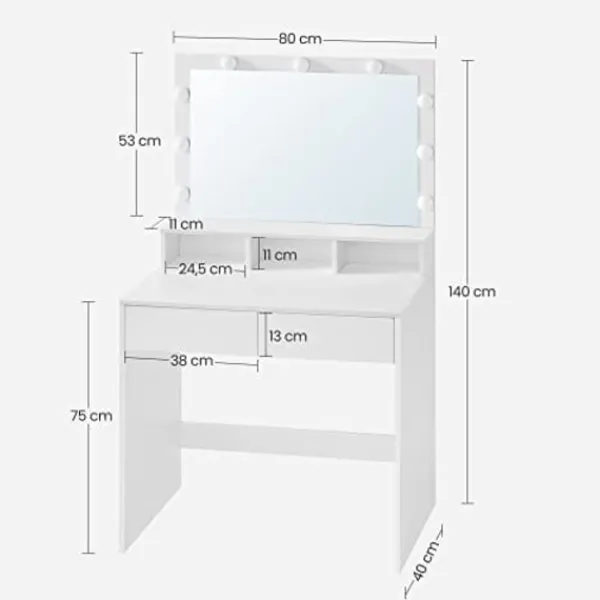 Pavil Sminkbord>Toalettbord Vanity Table med 9 Led -glödlampor Och Spegel Justerbar Ljusstyrka 2 Lådor Och 3 Öppna Facklådor Moderna Vita